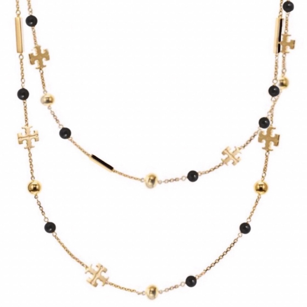 TORY BURCH • Black Kira Scatter Logo Rosary Necklace